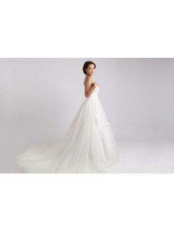 Organza Strapless Chapel Train Ball Gown Wedding Dress with Crystal