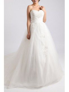 Organza Strapless Chapel Train Ball Gown Wedding Dress with Crystal