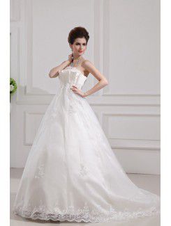 Satin Strapless Chapel Train Ball Gown Wedding Dress with Sequins