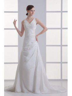 Satin V-Neckline A-line Sweep Train Embroidered Wedding Dress