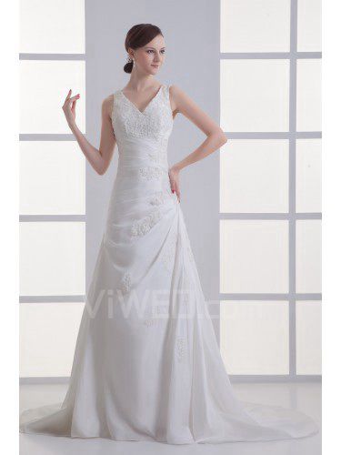 Satin V-Neckline A-line Sweep Train Embroidered Wedding Dress