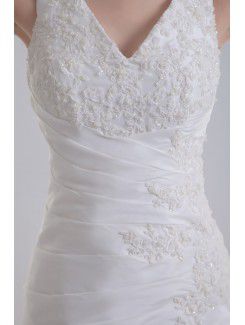 Satin V-Neckline A-line Sweep Train Embroidered Wedding Dress