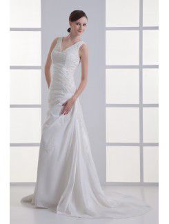 Satin V-Neckline A-line Sweep Train Embroidered Wedding Dress