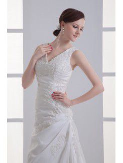 Satin V-Neckline A-line Sweep Train Embroidered Wedding Dress