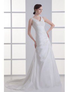 Satin V-Neckline A-line Sweep Train Embroidered Wedding Dress