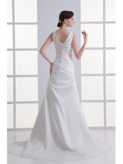 Satin V-Neckline A-line Sweep Train Embroidered Wedding Dress