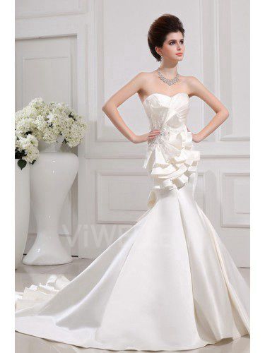 Satin Strapless Cathedral Train Mermaid Wedding Dress with Crystal