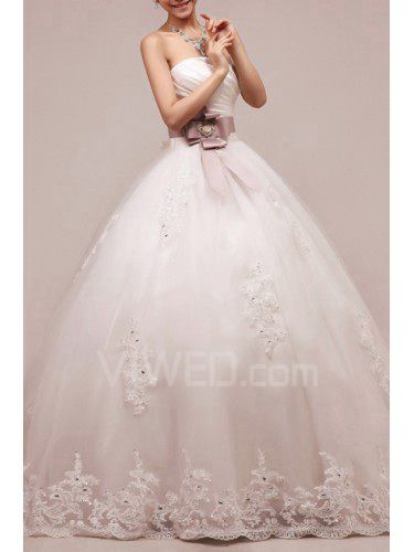 Net and Satin Strapless Floor Length Ball Gown Wedding Dress with Sequins