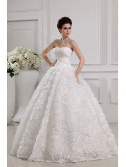 Organza Strapless Floor Length Ball Gown Wedding Dress with Handmade Flowers