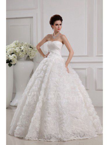 Organza Strapless Floor Length Ball Gown Wedding Dress with Handmade Flowers