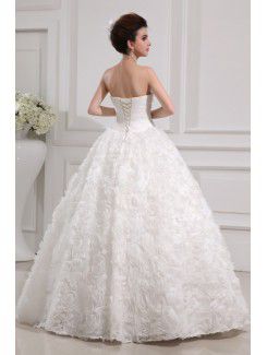 Organza Strapless Floor Length Ball Gown Wedding Dress with Handmade Flowers