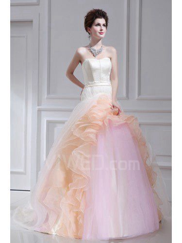 Organza strapless sweep trein baljurk trouwjurk