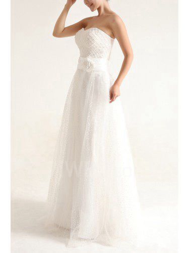 Net and Satin Strapless Floor Length A-line Wedding Dress with Pearls