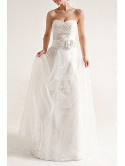 Net and Satin Strapless Floor Length A-line Wedding Dress with Pearls