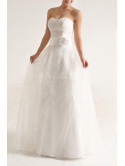 Net and Satin Strapless Floor Length A-line Wedding Dress with Pearls