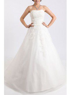 Net and Satin Strapless Chapel Train Ball Gown Wedding Dress with Crystal