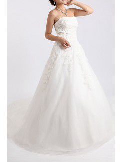 Net and Satin Strapless Chapel Train Ball Gown Wedding Dress with Crystal