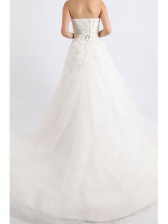 Net and Satin Strapless Chapel Train Ball Gown Wedding Dress with Crystal