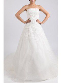 Net and Satin Strapless Chapel Train Ball Gown Wedding Dress with Crystal