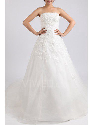 Net and Satin Strapless Chapel Train Ball Gown Wedding Dress with Crystal