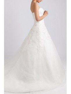 Net and Satin Strapless Chapel Train Ball Gown Wedding Dress with Crystal