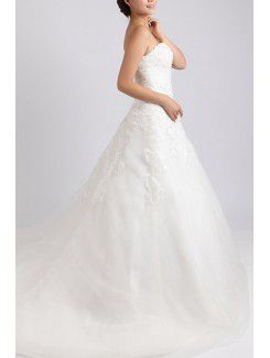 Net and Satin Strapless Chapel Train Ball Gown Wedding Dress with Crystal