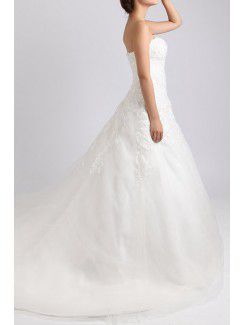 Net and Satin Strapless Chapel Train Ball Gown Wedding Dress with Crystal