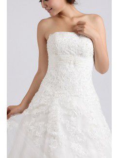 Net and Satin Strapless Chapel Train Ball Gown Wedding Dress with Crystal