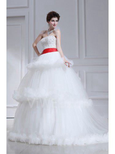 Organza Strapless Chapel Train Ball Gown Wedding Dress with Pearls