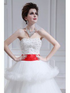 Organza Strapless Chapel Train Ball Gown Wedding Dress with Pearls