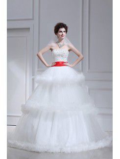 Organza Strapless Chapel Train Ball Gown Wedding Dress with Pearls