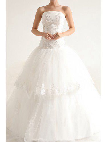 Lace Strapless Sweep Train Ball Gown Wedding Dress with Crystal