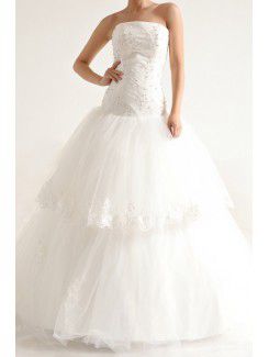 Lace Strapless Sweep Train Ball Gown Wedding Dress with Crystal