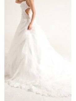 Organza Strapless Cathedral Train Ball Gown Wedding Dress with Sequins