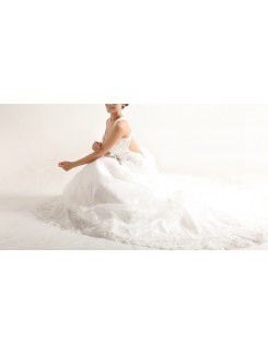 Organza Strapless Floor Length Ball Gown Wedding Dress with Crystal