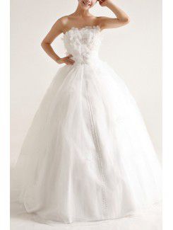 Organza Strapless Floor Length Ball Gown Wedding Dress with Pearls