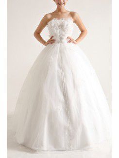 Organza Strapless Floor Length Ball Gown Wedding Dress with Pearls