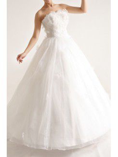 Organza Strapless Floor Length Ball Gown Wedding Dress with Pearls