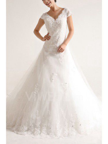 Organza con scollo a v treno cappella a-line abito da sposa con paillettes