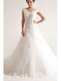 Organza V-neck Chapel Train A-line Wedding Dress with Sequins