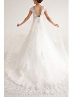 Organza V-neck Chapel Train A-line Wedding Dress with Sequins