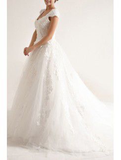 Net and Satin Straps Chapel Train A-line Wedding Dress with Sequins