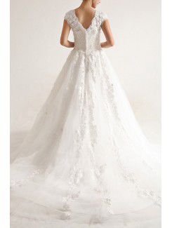 Net and Satin Straps Chapel Train A-line Wedding Dress with Sequins