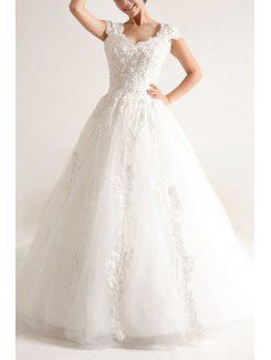 Net and Satin Straps Chapel Train A-line Wedding Dress with Sequins