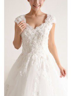 Net and Satin Straps Chapel Train A-line Wedding Dress with Sequins