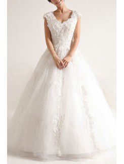 Net and Satin Straps Chapel Train A-line Wedding Dress with Sequins