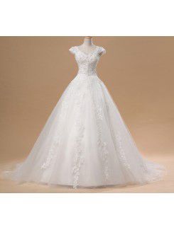 Net and Satin Straps Chapel Train A-line Wedding Dress with Sequins