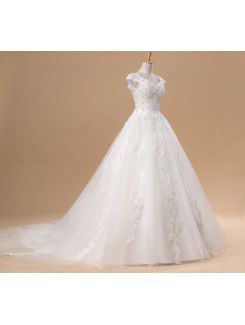 Net and Satin Straps Chapel Train A-line Wedding Dress with Sequins