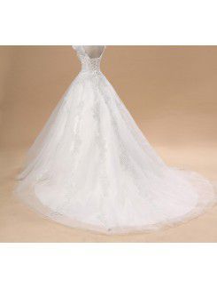 Net and Satin Straps Chapel Train A-line Wedding Dress with Sequins