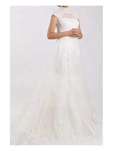 Lace High Collar Cathedral Train Mermaid Wedding Dress with Pearls